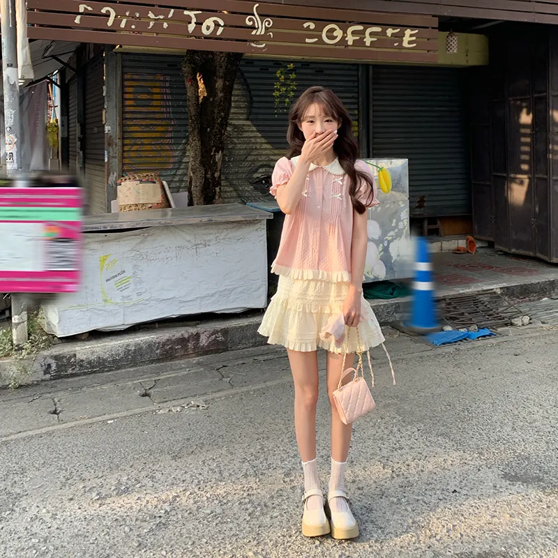 Tokyo Season Skirt Set Women's Two Piece Set Pink+White-6