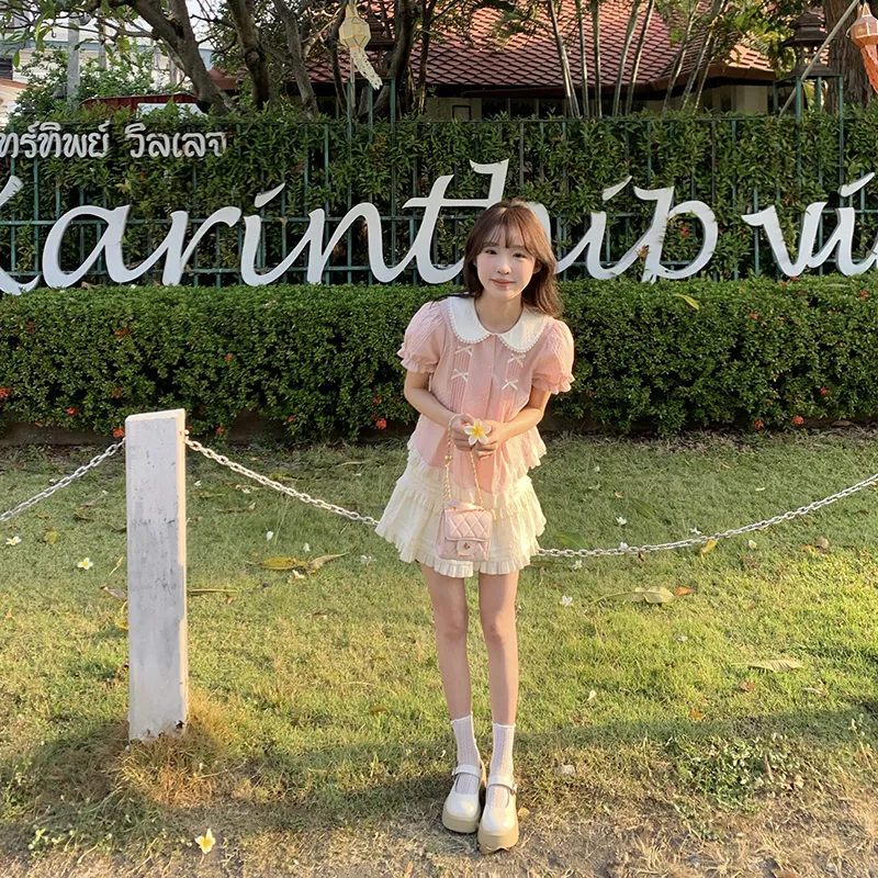 Tokyo Season Skirt Set Women's Two Piece Set Pink+White-2