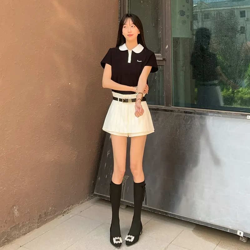Tokyo Season Uniforms Women's Gift Box Set, Black Polo Shirt+White Pleated Short Skirt Pleated Shorts Comes With Belt+Hanger-6