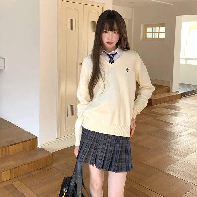 Tokyo Season Uniforms Women's Ecru Sweater+Black Blue Plaid Skirt, Comes With Free Boxer-4