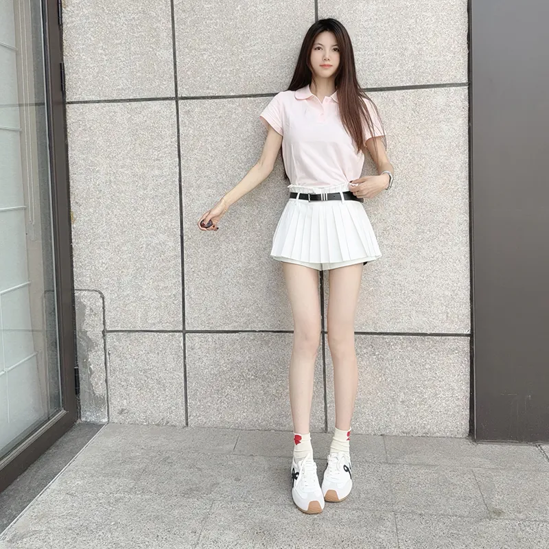 Tokyo Season Uniforms Women's Gift Box Set, Pink Polo Shirt+White Pleated Short Skirt Skort With Belt And Hanger-2