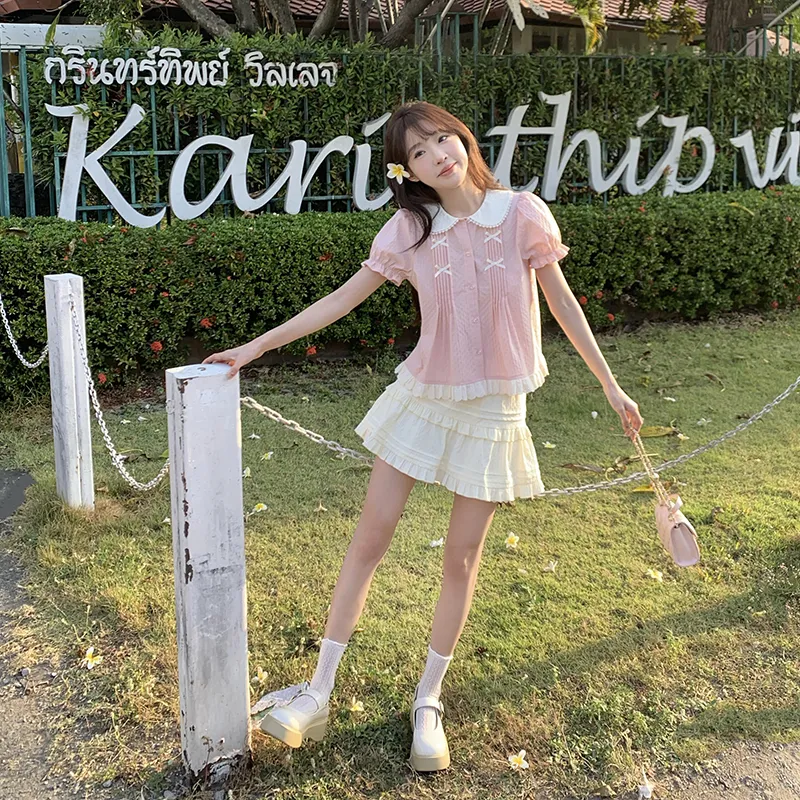 Tokyo Season Skirt Set Women's Two Piece Set Pink+White-5