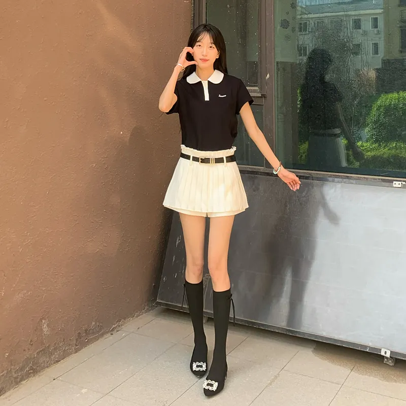 Tokyo Season Uniforms Women's Gift Box Set, Black Polo Shirt+White Pleated Short Skirt Pleated Shorts Comes With Belt+Hanger-2