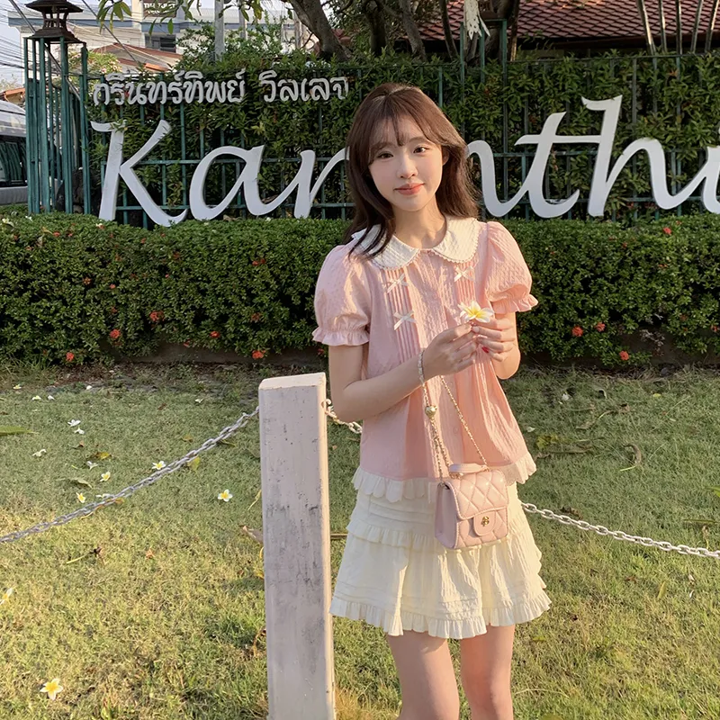 Tokyo Season Skirt Set Women's Two Piece Set Pink+White-3