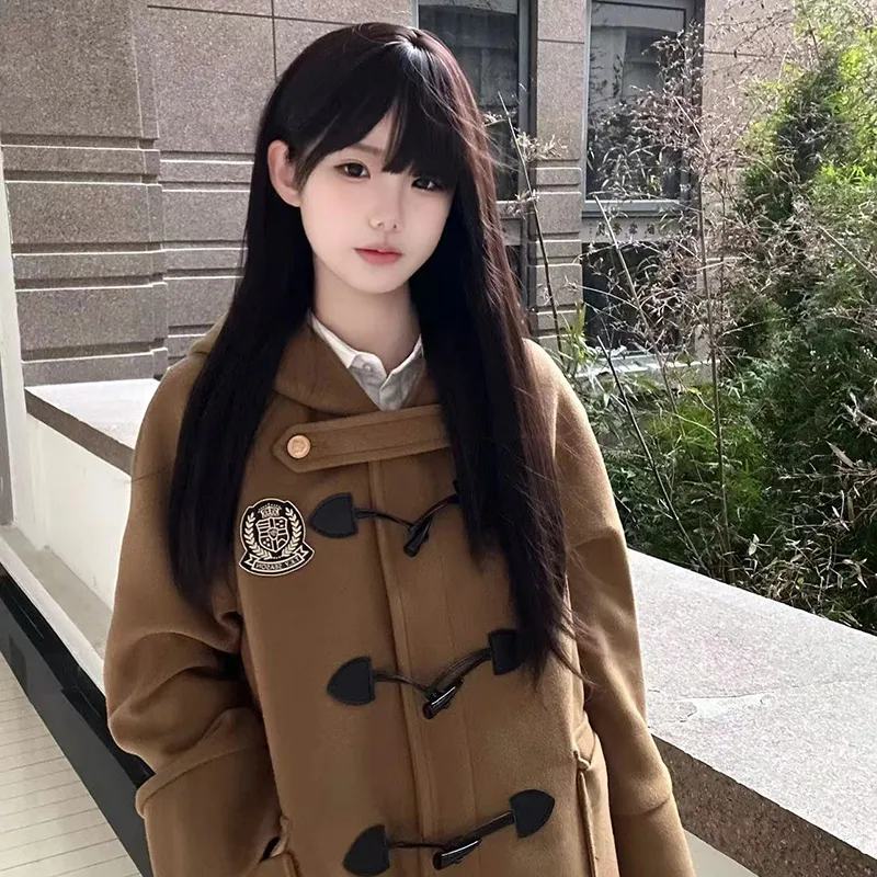 Tokyo Season Uniforms Women's Camel Coat Lining Padded+Black And White Plaid Skirt, Comes With Cardigan+Bow Tie+Badge-5