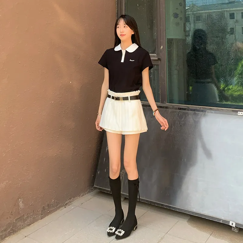 Tokyo Season Uniforms Women's Gift Box Set, Black Polo Shirt+White Pleated Short Skirt Pleated Shorts Comes With Belt+Hanger-5