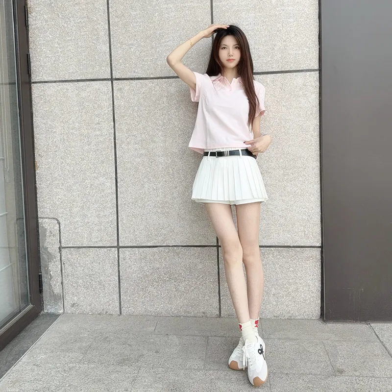 Tokyo Season Uniforms Women's Gift Box Set, Pink Polo Shirt+White Pleated Short Skirt Skort With Belt And Hanger-3