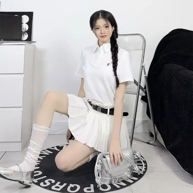 Tokyo Season Uniforms Women's Gift Box Set, White Polo Shirt+White Pleated Skirt Pants With Belt+Hanger-2