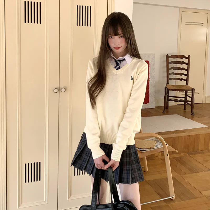 Tokyo Season Uniforms Women's Ecru Sweater+Black Blue Plaid Skirt, Comes With Free Boxer-3