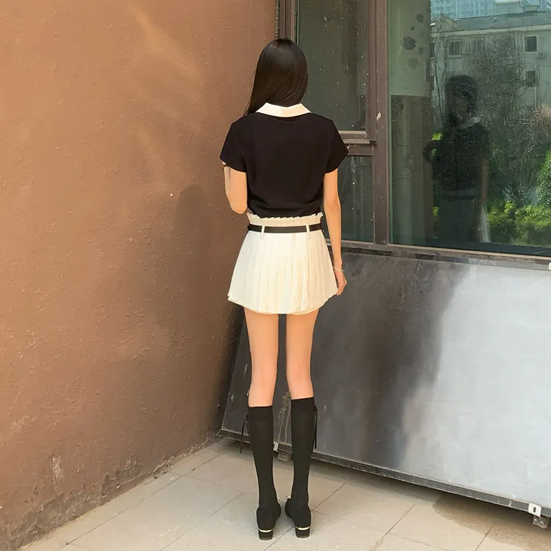 Tokyo Season Uniforms Women's Gift Box Set, Black Polo Shirt+White Pleated Short Skirt Pleated Shorts Comes With Belt+Hanger-4