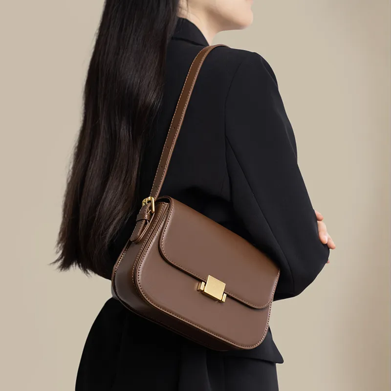 Old Man's Head Cow Leather Patchwork Synthetic Leather Small Square Bag Shoulder Bag Women's Brown-2