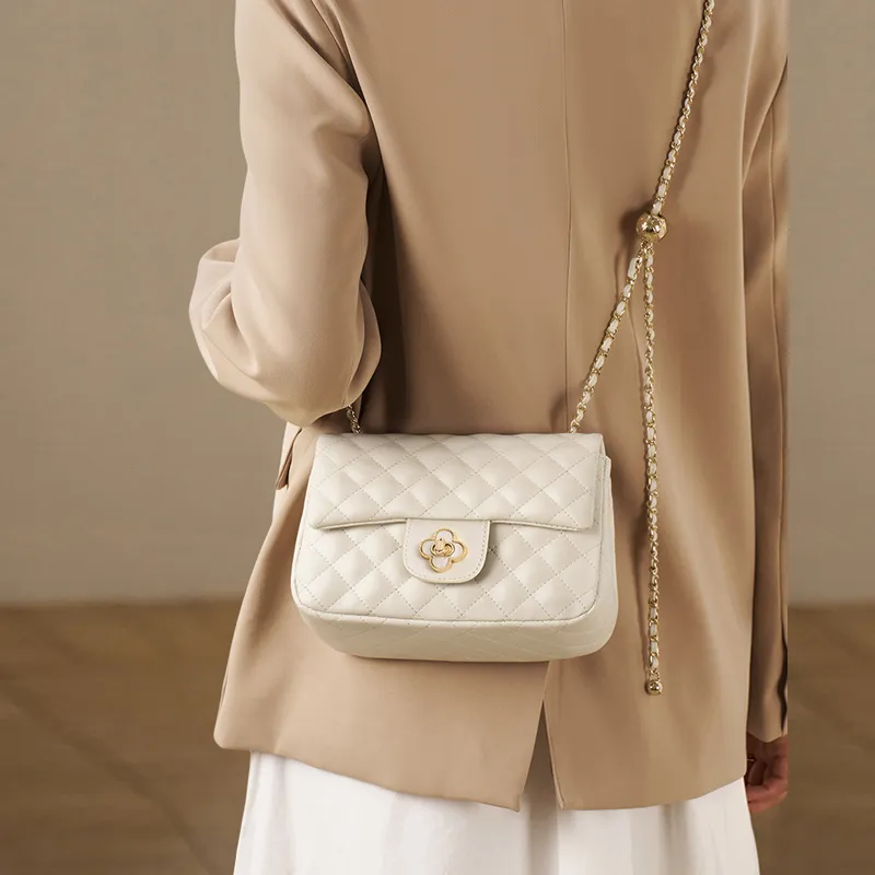 Old Man's Head Cow Leather Handheld Underarm One Shoulder Small Bag Chain Crossbody Bag Women's White/Black-1