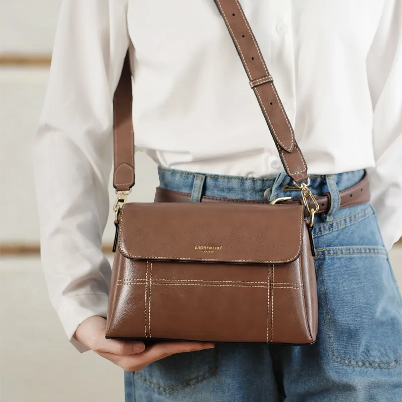 Old Man's Head Cow Leather Crossbody Bag Women's Caramel-3