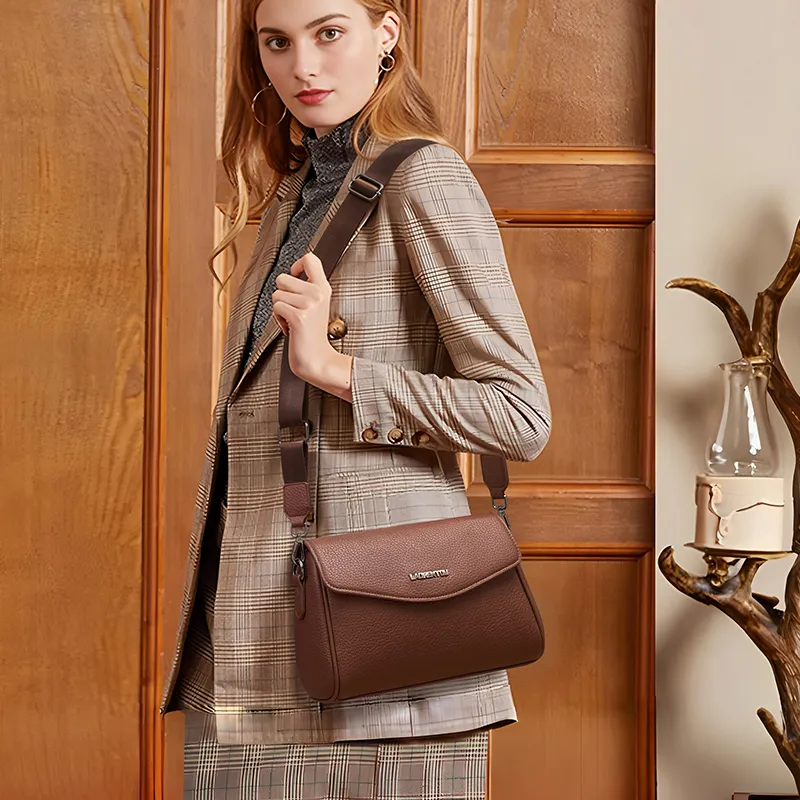Old Man's Head Cow Leather Crossbody Bag, Shoulder Bag Women's Dark Brown-3