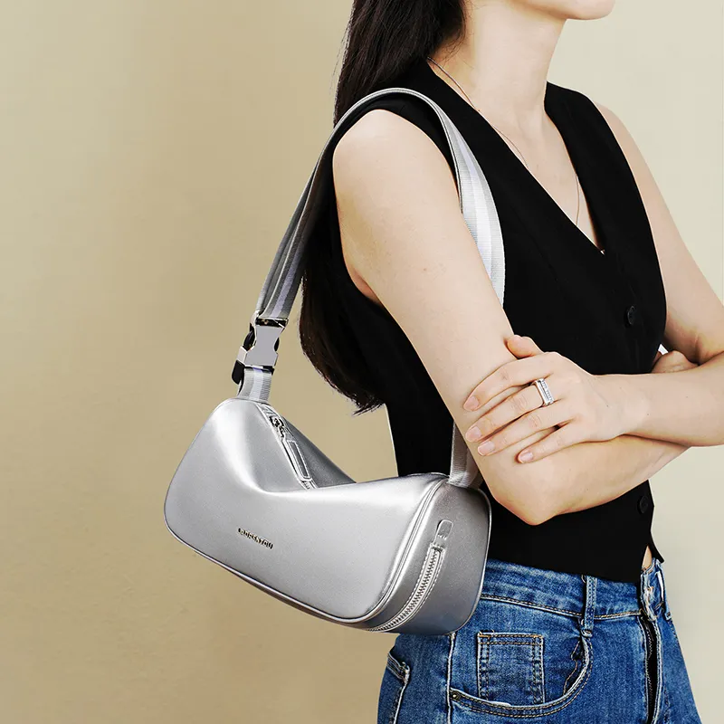 Old Man's Head Synthetic Leather With Cow Leather Crossbody Bag, Shoulder Bag Women's Silver-3