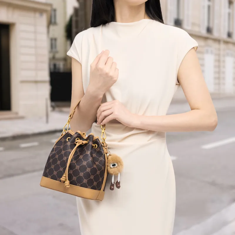 Old Man's Head PVC Bucket Bag Crossbody One Shoulder Handheld Handbag Women's Coffee-5