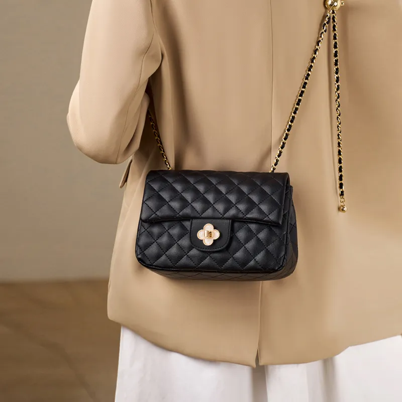 Old Man's Head Cow Leather Handheld Underarm One Shoulder Small Bag Chain Crossbody Bag Women's White/Black-5