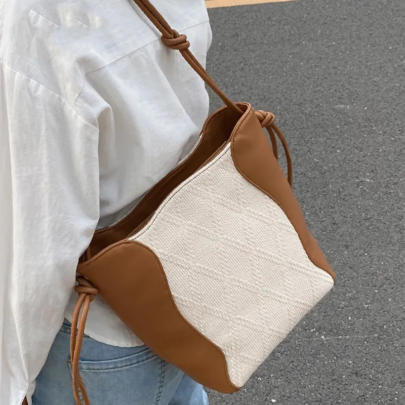CHISIY Artificial Leather With Textile Tote Bag, Water Bucket Bag, Shoulder Bag Large Size Women's White & Brown-3