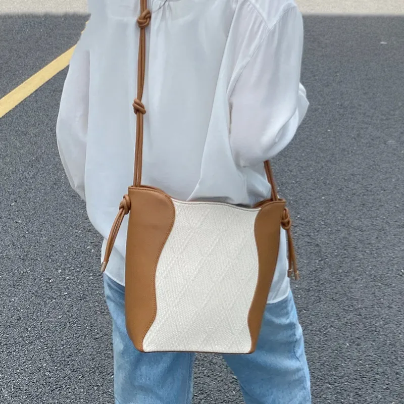 CHISIY Artificial Leather With Textile Tote Bag, Water Bucket Bag, Shoulder Bag Large Size Women's White & Brown-4