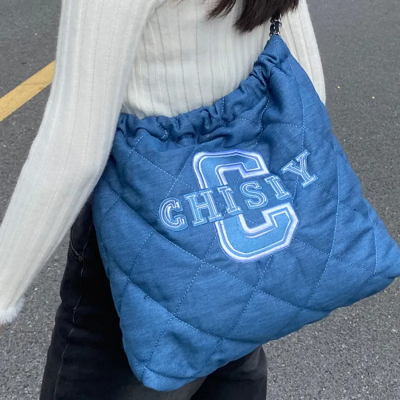 CHISIY Fabric Hobo Tote Bag With Diamond Pattern Denim Bag And Shoulder Bag Women's Dark Blue-1