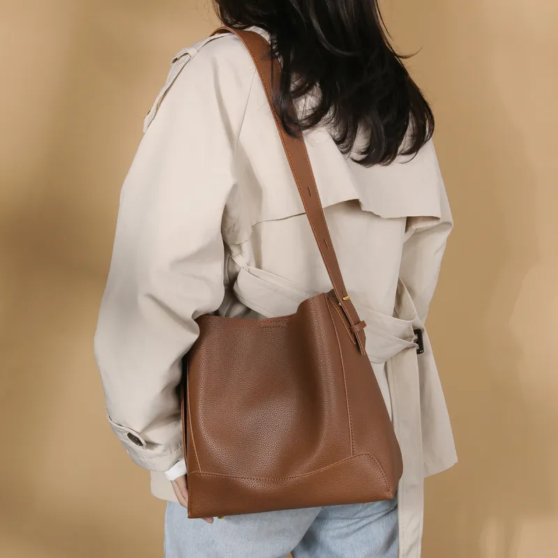 CHISIY Artificial Leather Bucket Bags Crossbody Bag, Shoulder Bag Tubas Women's Toffee Brown Litchi Grain-1