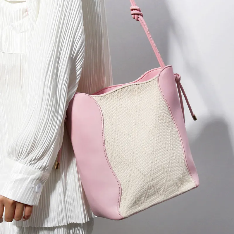 CHISIY Artificial Leather Tote Bag Water Bucket Bag Shoulder Bag Crossbody Bag Large Size Women's White & Pink-1