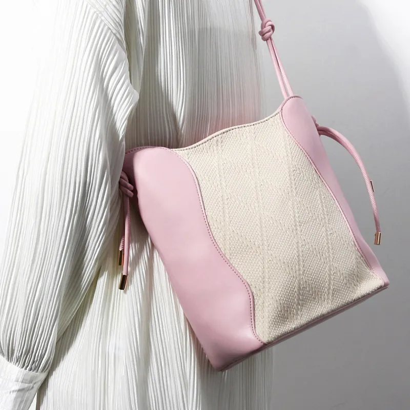 CHISIY Artificial Leather Tote Bag Water Bucket Bag Shoulder Bag Crossbody Bag Large Size Women's White & Pink-3