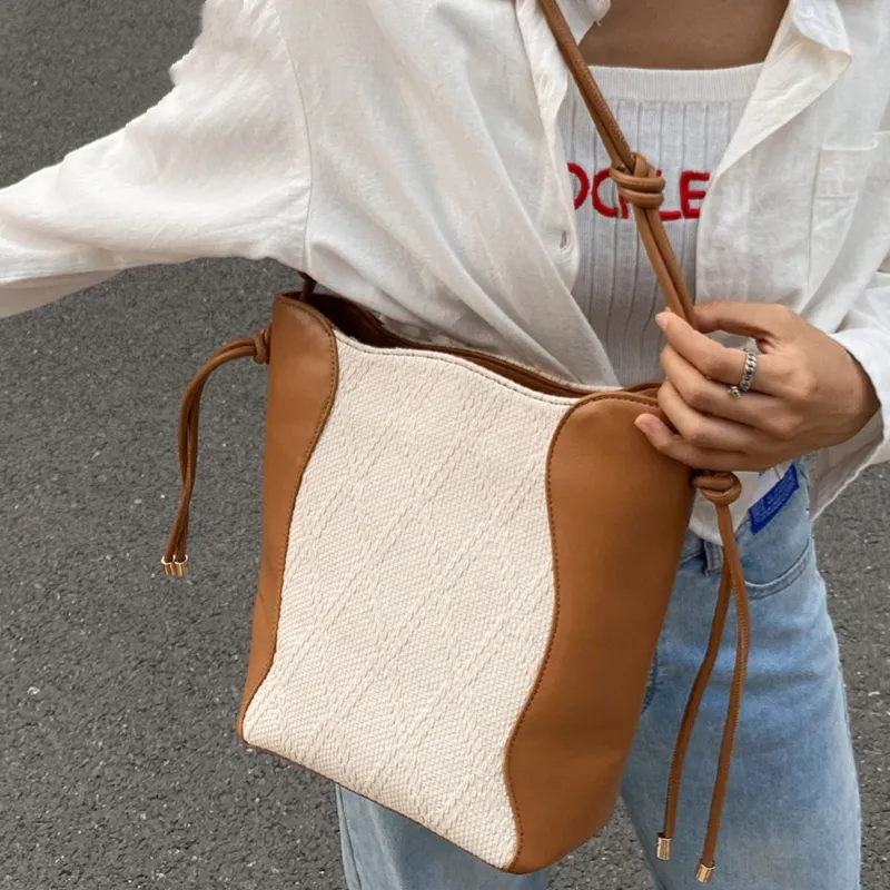 CHISIY Artificial Leather With Textile Tote Bag, Water Bucket Bag, Shoulder Bag Large Size Women's White & Brown-2