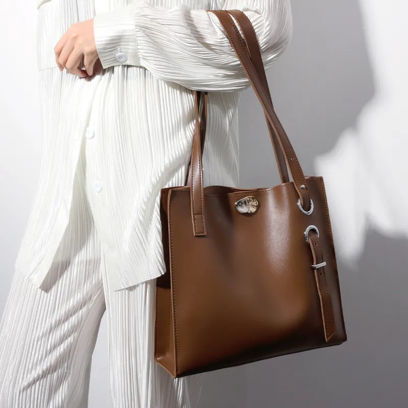 CHISIY Leather Tote Bag Shopping Bag Handbag Shoulder Bag Large Size Women's Brown-2