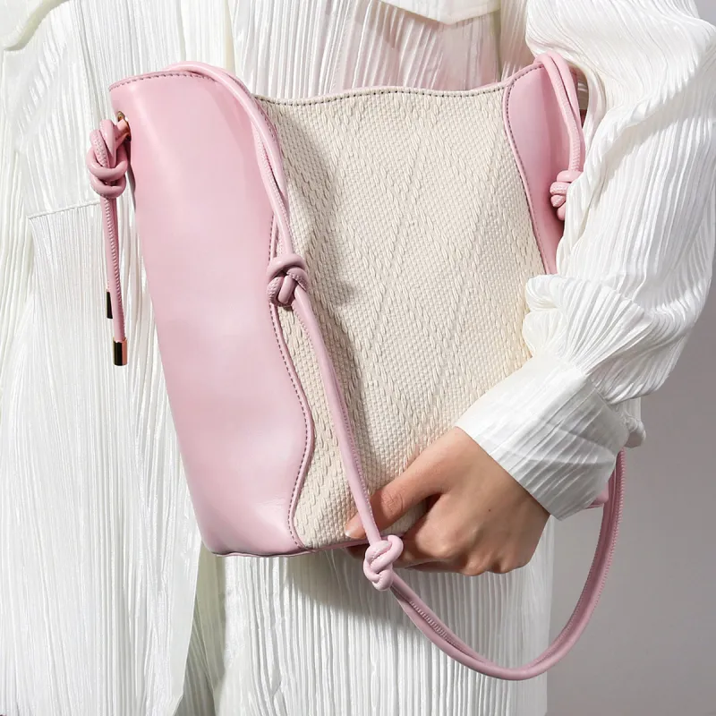 CHISIY Artificial Leather Tote Bag Water Bucket Bag Shoulder Bag Crossbody Bag Large Size Women's White & Pink-4