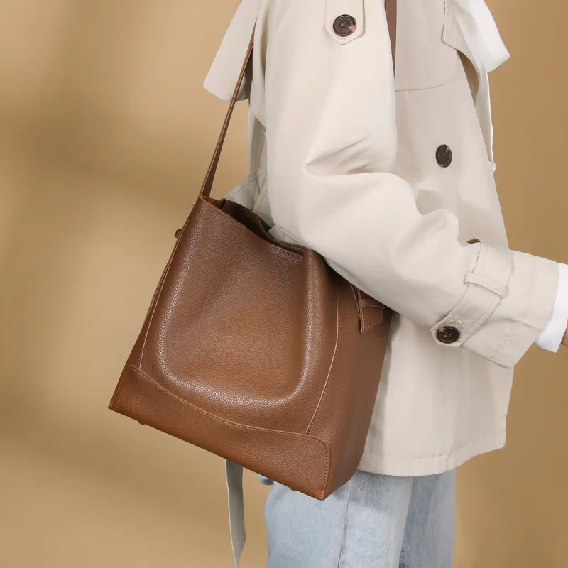 CHISIY Artificial Leather Bucket Bags Crossbody Bag, Shoulder Bag Tubas Women's Toffee Brown Litchi Grain-4