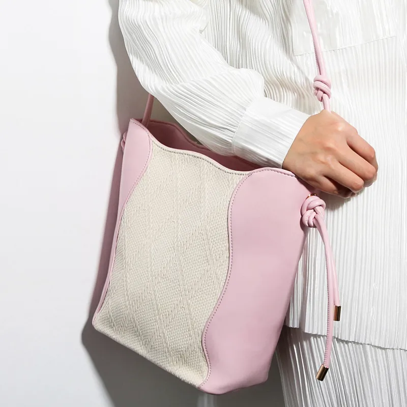 CHISIY Artificial Leather Tote Bag Water Bucket Bag Shoulder Bag Crossbody Bag Large Size Women's White & Pink-2