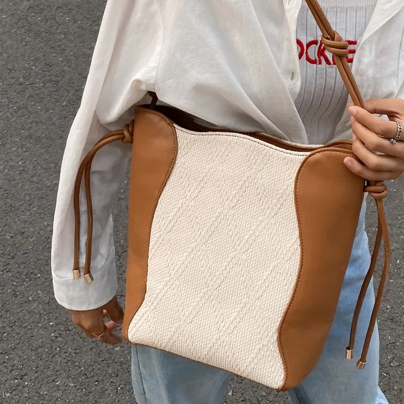 CHISIY Artificial Leather With Textile Tote Bag, Water Bucket Bag, Shoulder Bag Large Size Women's White & Brown-1