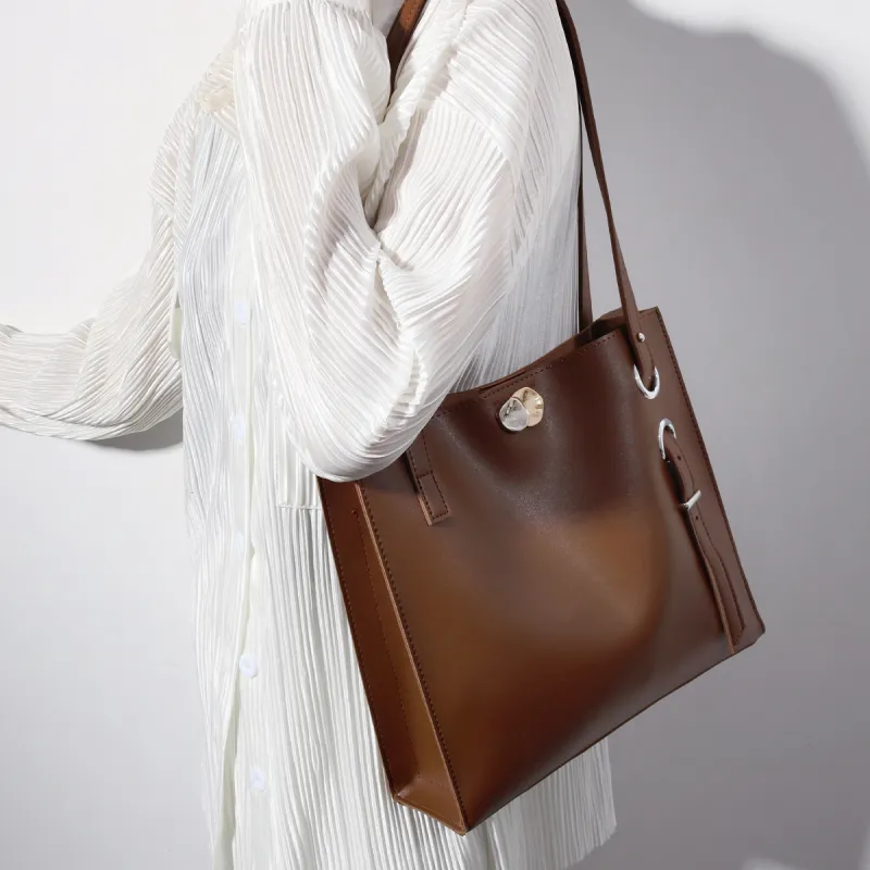 CHISIY Leather Tote Bag Shopping Bag Handbag Shoulder Bag Large Size Women's Brown-3