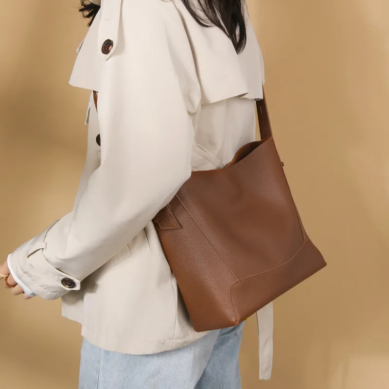 CHISIY Artificial Leather Bucket Bags Crossbody Bag, Shoulder Bag Tubas Women's Toffee Brown Litchi Grain-2