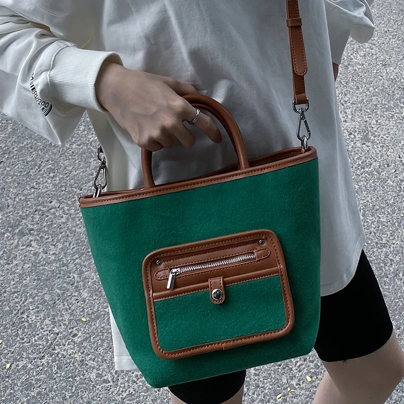 CHISIY Fabric With Artificial Leather Tote Bag Shopping Bag Shoulder Bag Crossbody Bag Large Size Women's Green & Brown-2