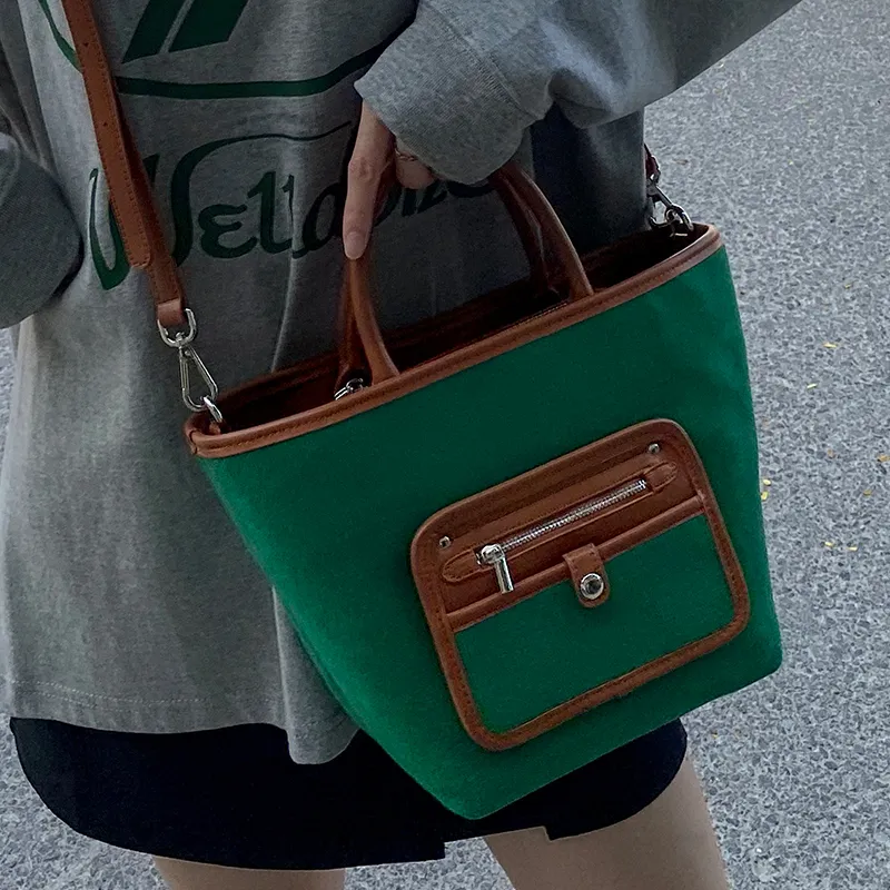CHISIY Fabric With Artificial Leather Tote Bag Shopping Bag Shoulder Bag Crossbody Bag Large Size Women's Green & Brown-4