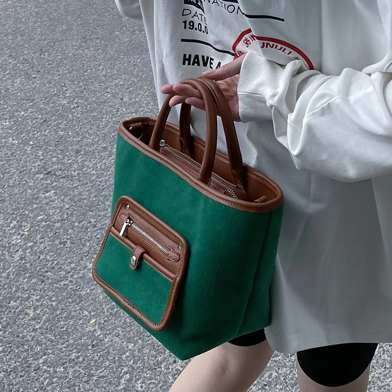 CHISIY Fabric With Artificial Leather Tote Bag Shopping Bag Shoulder Bag Crossbody Bag Large Size Women's Green & Brown-3