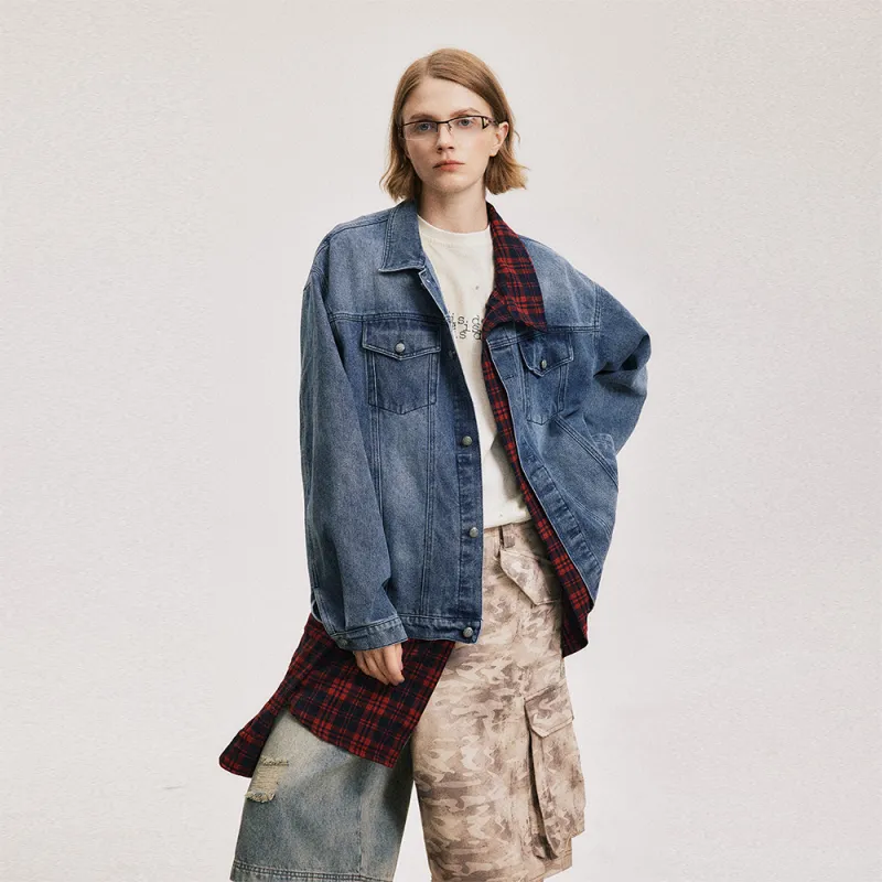 M MAICCO Denim Jackets Unisex Denim & Black & Plaid-9