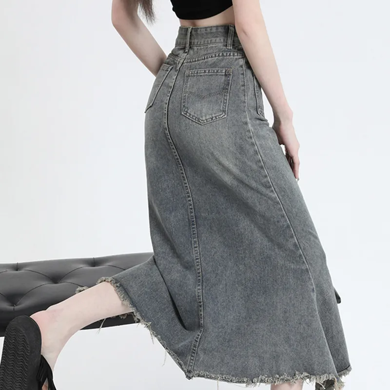 QYPRF Denim Long Skirt Women's Nostalgic Blue-4