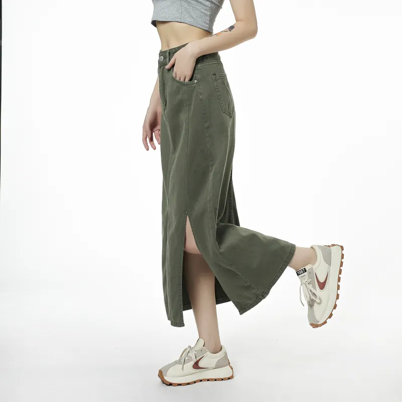 QYPRF Denim Long Skirts Women's Army Green-4