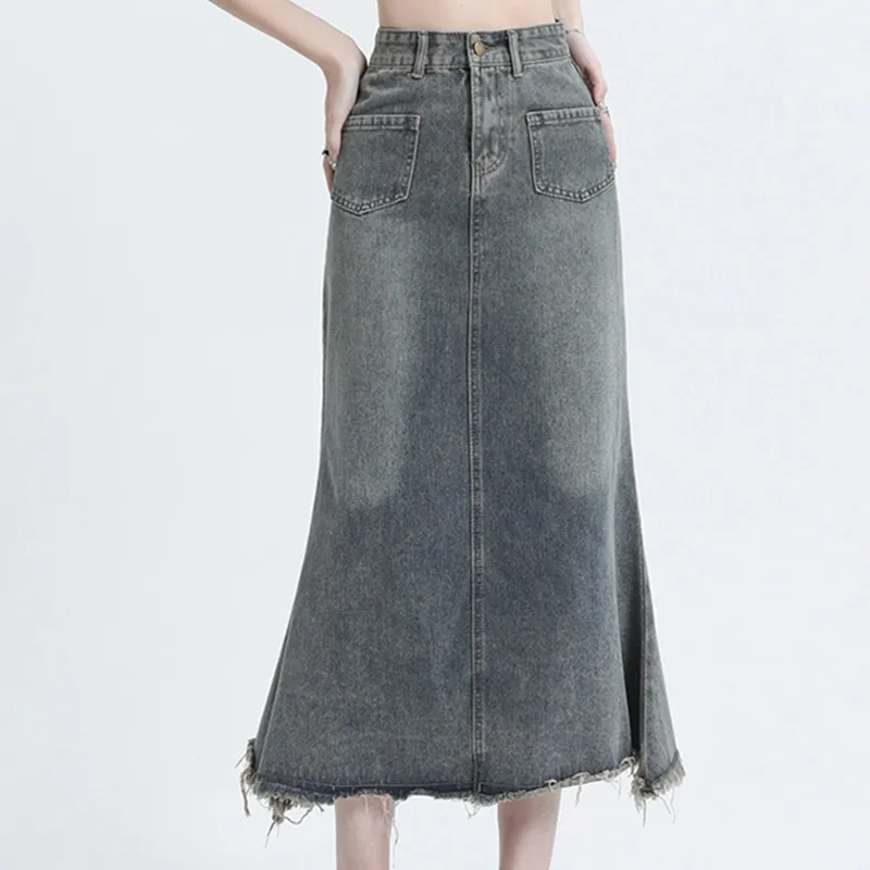 QYPRF Denim Long Skirt Women's Nostalgic Blue-3