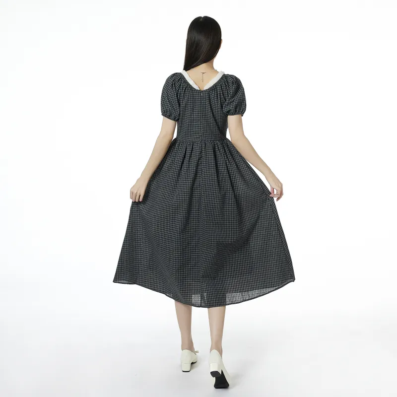 QYPRF Short Sleeved Dresses Women's Black Gray Plaid-2
