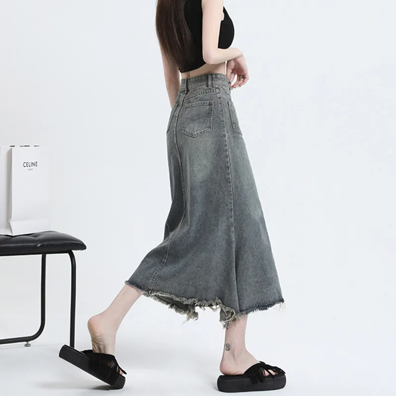 QYPRF Denim Long Skirt Women's Nostalgic Blue-5