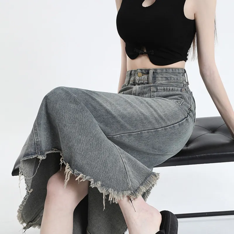 QYPRF Denim Long Skirt Women's Nostalgic Blue-7