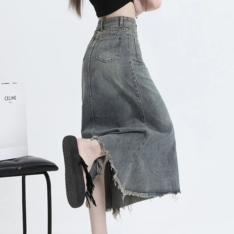 QYPRF Denim Long Skirt Women's Nostalgic Blue-6