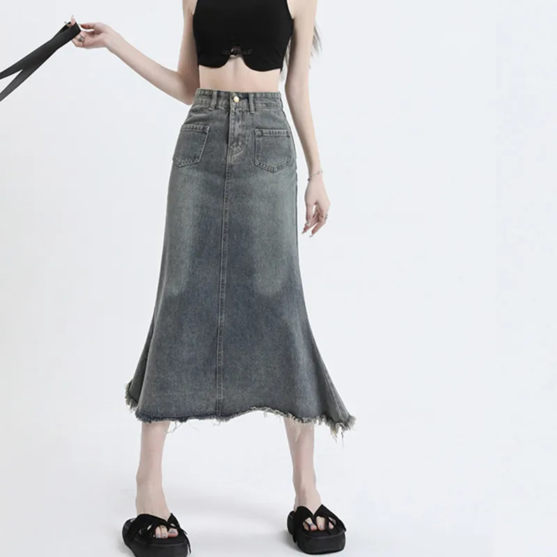 QYPRF Denim Long Skirt Women's Nostalgic Blue-2