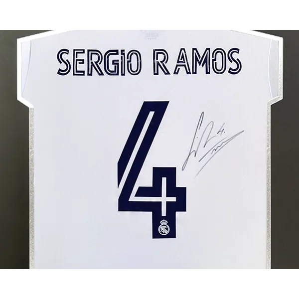 Three For Ramos 20-21 Real Madrid Signed Soccer Apparel Jersey Framed With Certificate Of Authenticity-4
