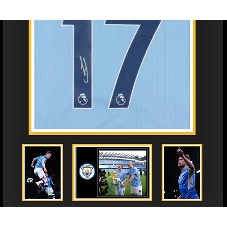 Three For Manchester City Team Jersey Deluxe Framing, Outer Frame Approx. 65x85cm, Beckett Official Certification-2