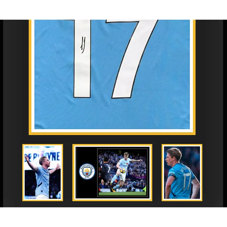 Three For Manchester City Team Jersey Deluxe Mounting, Outer Frame Approx. 65x85cm, Beckett Official Certification-2